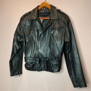 Wild Rider vintage thick leather biker jacket wait belt braided details